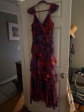 Hutch Purple & Red Tiered Ruffle V-Neck Women's Dress